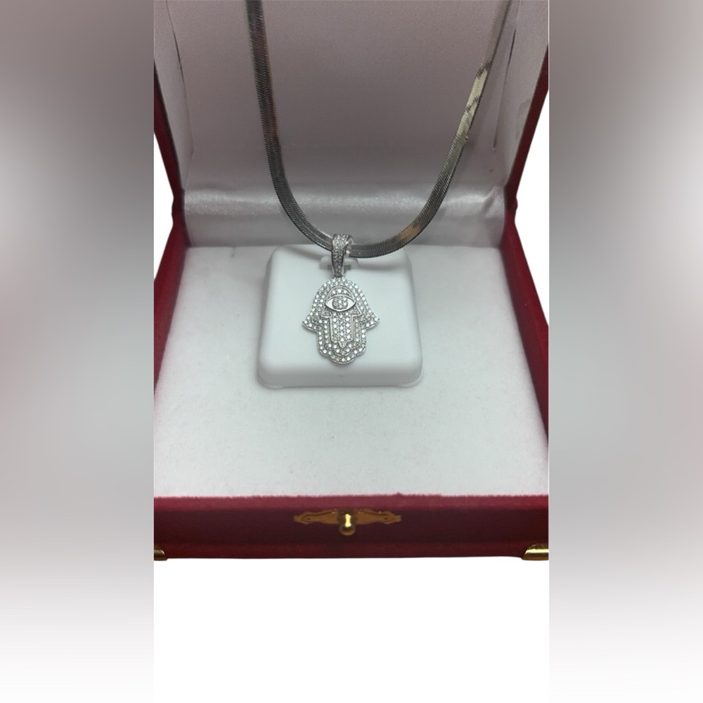 Stunning Silver Moissanite Hamsa Pendant & Herringbone Chain